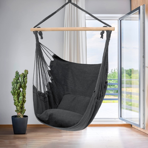 Fauteuil suspendu moderne dans un salon lumineux à côté d'une fenêtre et d'un cactus.