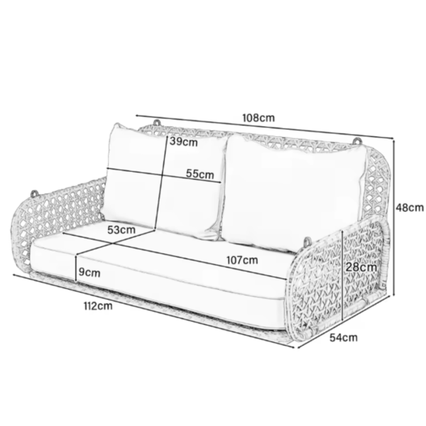 Schéma avec mesures en cm (largeur 112cm) du fauteuil suspendu 2 places.