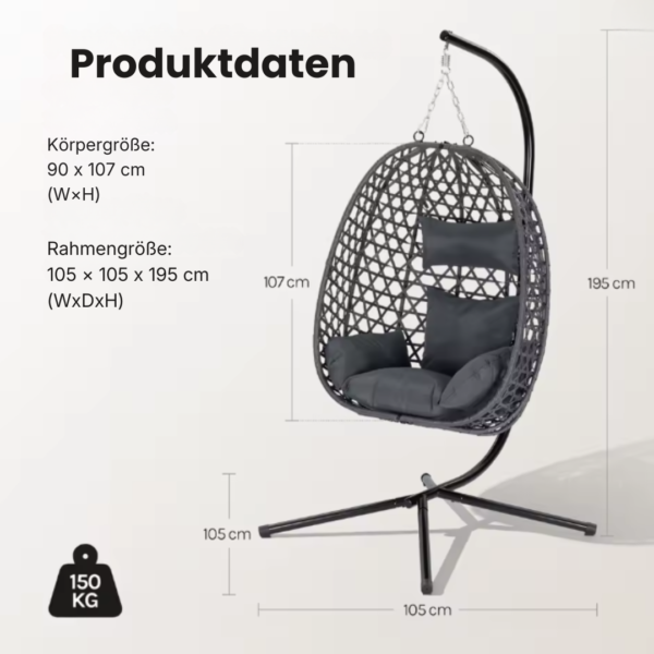 Schéma des dimensions du fauteuil suspendu : hauteur totale 195 cm, panier 107 cm.