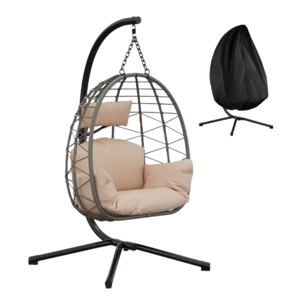 Fauteuil suspendu œuf beige avec support noir et housse.