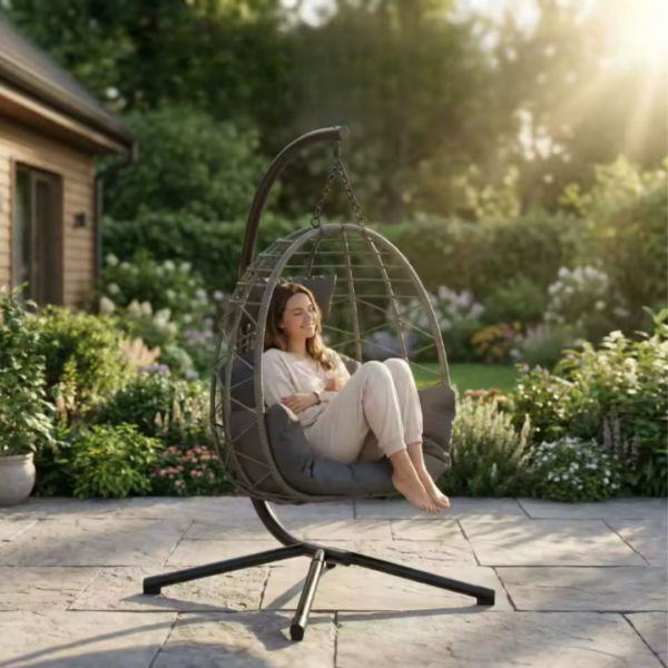 Femme relaxée dans un fauteuil suspendu dans un jardin ensoleillé.