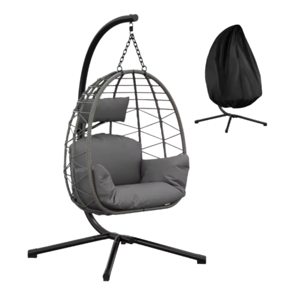 Fauteuil suspendu gris anthracite avec coussins rembourrés.