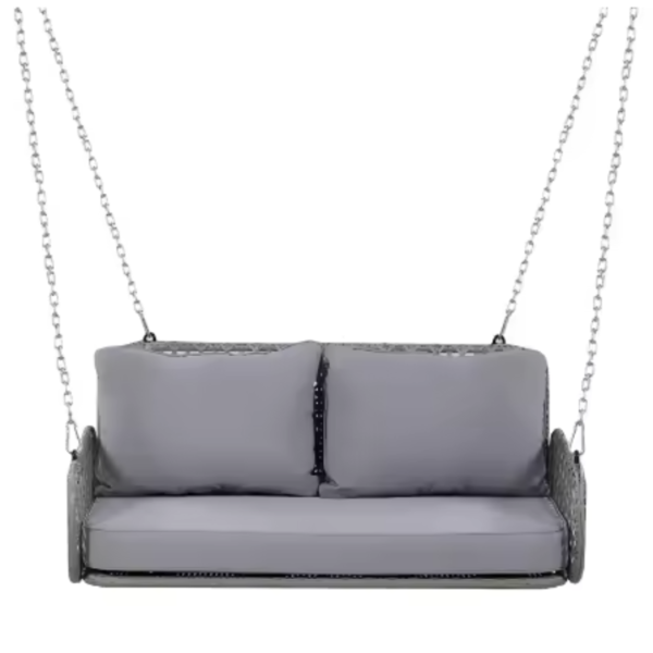 Fauteuil suspendu extérieur gris moderne avec coussins gris assortis.