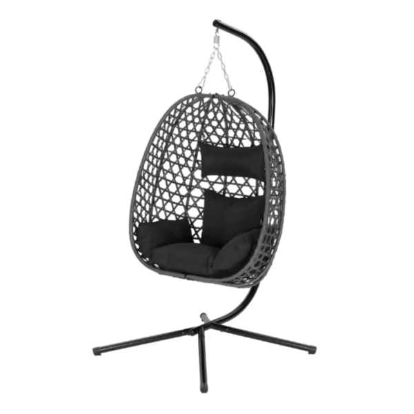 Fauteuil suspendu moderne de couleur sombre avec structure autoportante.