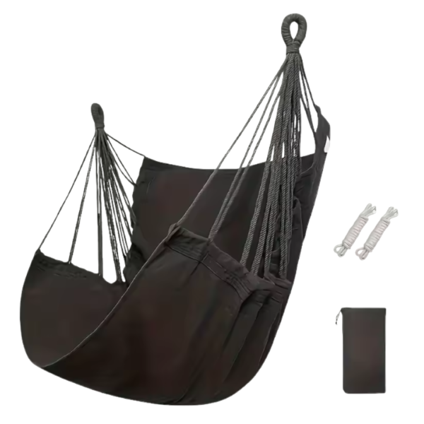 Fauteuil suspendu noir anthracite avec accessoires de montage et pochette de transport noire.