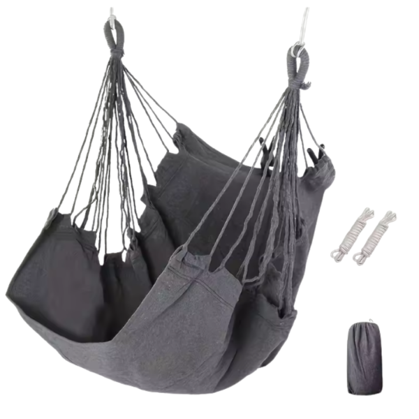 Fauteuil suspendu gris anthracite avec sac de transport et cordes de fixation incluses.