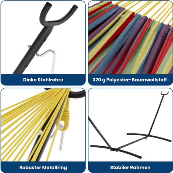 Détails des composants qualitatifs du hamac avec support : tubes en acier épais, toile 320g dense, anneau métallique robuste et cadre stable.