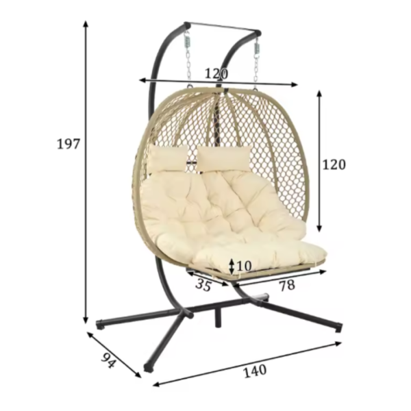 Schéma détaillant les dimensions du fauteuil suspendu : hauteur totale de 197 cm et base de 140 cm de largeur.