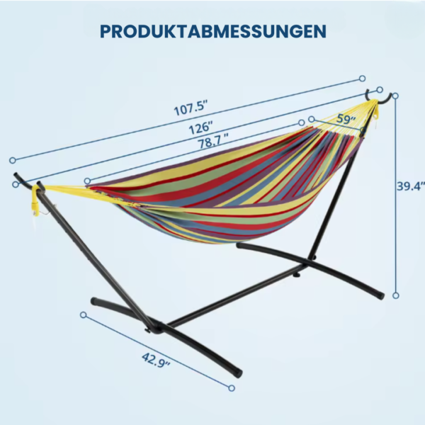 Schéma technique indiquant les dimensions précises en pouces de la structure et de la toile du hamac avec support.