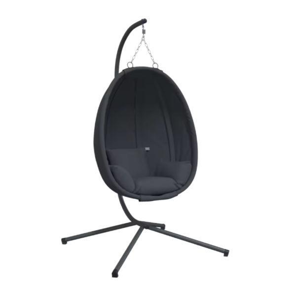 Fauteuil suspendu gris anthracite avec support en acier.