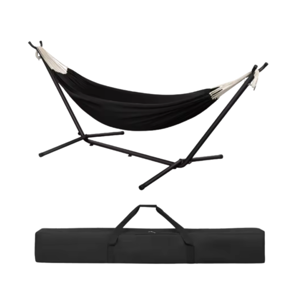 Hamac sur pied noir design moderne avec support en acier stable.