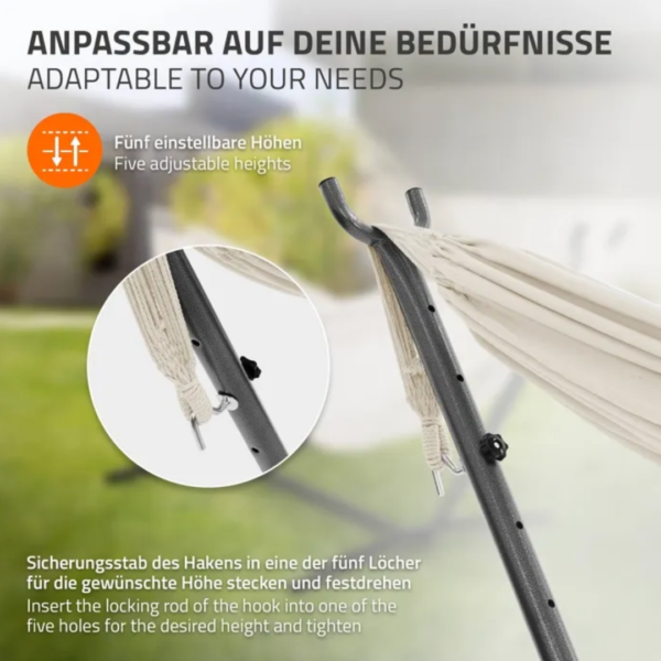 Détail du système de réglage à 5 niveaux pour ajuster la tension de la toile du hamac sur pied.
