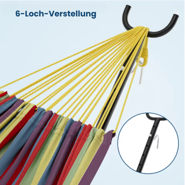 Zoom sur le système de réglage de la hauteur à 6 positions et le crochet de fixation d'un hamac avec support.
